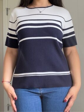 Sag Harbor Navy and White Striped Short-Sleeve Crew Sweater